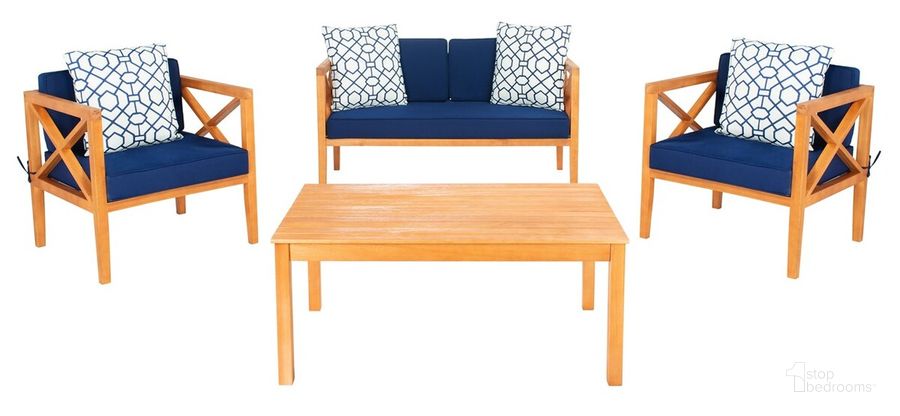 The appearance of Nunzio 4 Pc Outdoor Set with Accent Pillows in White and Navy PAT7031K designed by Safavieh in the modern / contemporary interior design. This white and navy piece of furniture  was selected by 1StopBedrooms from Nunzio Collection to add a touch of cosiness and style into your home. Sku: PAT7031K. Material: Wood. Product Type: Outdoor Set. Image1