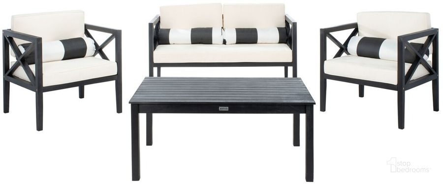 The appearance of Nunzio 4 Pc Outdoor Set With Accent Pillows PAT7031G designed by Safavieh in the modern / contemporary interior design. This black piece of furniture  was selected by 1StopBedrooms from Nunzio Collection to add a touch of cosiness and style into your home. Sku: PAT7031G. Material: Steel. Product Type: Outdoor Conversation Set. Image1