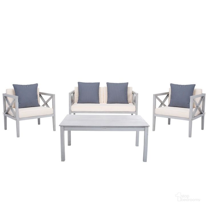 The appearance of Nunzio 4 Pc Outdoor Set With Accent Pillows PAT7031H designed by Safavieh in the modern / contemporary interior design. This beige piece of furniture  was selected by 1StopBedrooms from Nunzio Collection to add a touch of cosiness and style into your home. Sku: PAT7031H. Material: Steel. Product Type: Outdoor Conversation Set. Image1