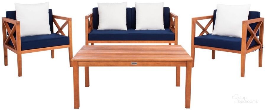 The appearance of Nunzio Natural/Navy 4 Piece Outdoor Set With Accent Pillows designed by Safavieh in the modern / contemporary interior design. This navy piece of furniture  was selected by 1StopBedrooms from Nunzio Collection to add a touch of cosiness and style into your home. Sku: PAT7031E. Material: Steel. Product Type: Outdoor Conversation Set. Image1