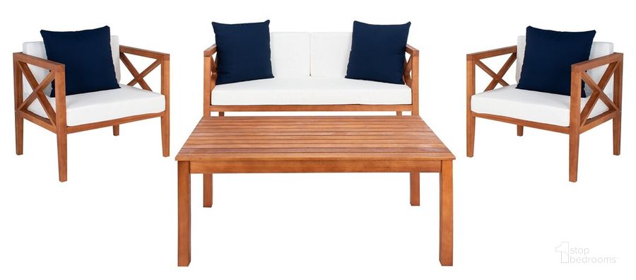 The appearance of Nunzio Teak, White and Navy 4-Piece Outdoor Set with Accent Pillows designed by Safavieh in the modern / contemporary interior design. This natural piece of furniture  was selected by 1StopBedrooms from Nunzio Collection to add a touch of cosiness and style into your home. Sku: PAT7031A. Material: Steel. Product Type: Outdoor Conversation Set. Image1