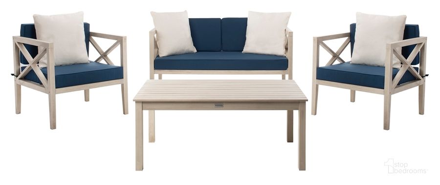 The appearance of Nunzio White/Navy 4 Piece Outdoor Set With Accent Pillows designed by Safavieh in the modern / contemporary interior design. This white and navy piece of furniture  was selected by 1StopBedrooms from Nunzio Collection to add a touch of cosiness and style into your home. Sku: PAT7031D. Material: Steel. Product Type: Outdoor Conversation Set. Image1