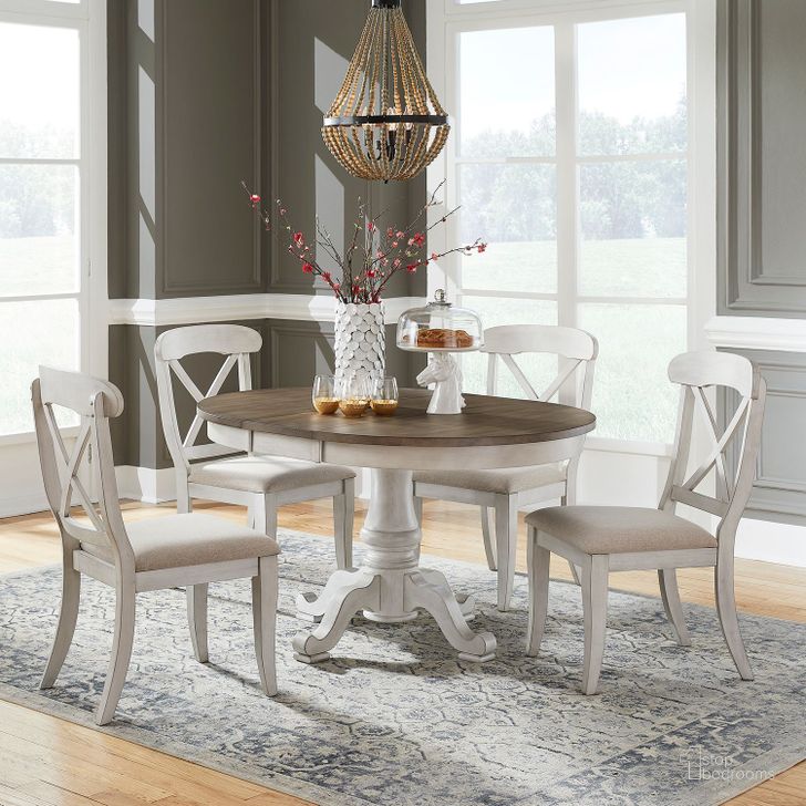 The appearance of Ocean Isle Antique White And Weathered Pine Extendable Single Pedestal Dining Room Set designed by Liberty in the traditional interior design. This white piece of furniture  was selected by 1StopBedrooms from Ocean Isle Collection to add a touch of cosiness and style into your home. Sku: 303W-P4254;303W-T4254;303W-C3001S. Product Type: Dining Room Set. Material: Rubberwood. Image1