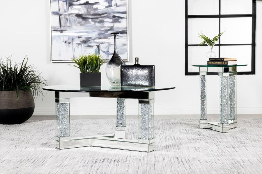The appearance of Octave Mirror Round Occasional Table Set designed by Coaster in the glam interior design. This silver piece of furniture  was selected by 1StopBedrooms from Octave Collection to add a touch of cosiness and style into your home. Sku: 708428B1;708428B2;708427. Material: MDF. Product Type: Occasional Table Set. Image1