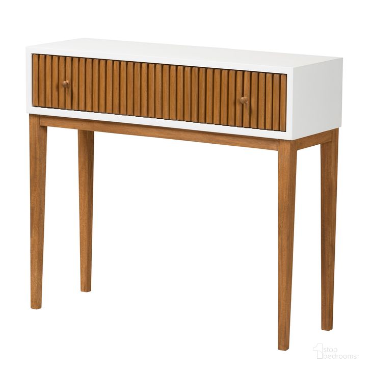 The appearance of Odile Two Tone Bayur Wood 1 Drawer Console Table In White and Natural Brown designed by Baxton Studio in the transitional interior design. This white/brown piece of furniture  was selected by 1StopBedrooms from Odile Collection to add a touch of cosiness and style into your home. Sku: OND6-Console. Product Type: Console Table. Material: MDF. Image1