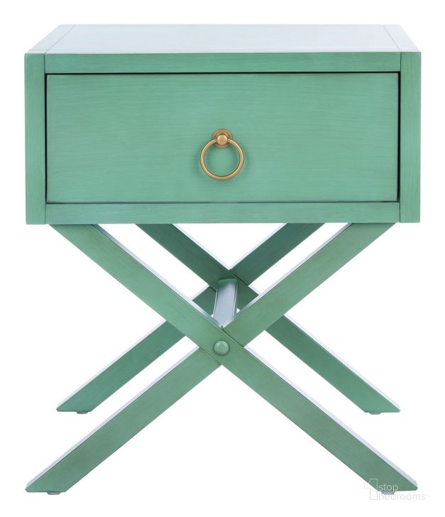 The appearance of Odilia 1 Drawer Nightstand in Turquoise designed by Safavieh in the modern / contemporary interior design. This turquoise piece of furniture  was selected by 1StopBedrooms from Odilia Collection to add a touch of cosiness and style into your home. Sku: NST9200C. Material: Wood. Product Type: Nightstand. Image1