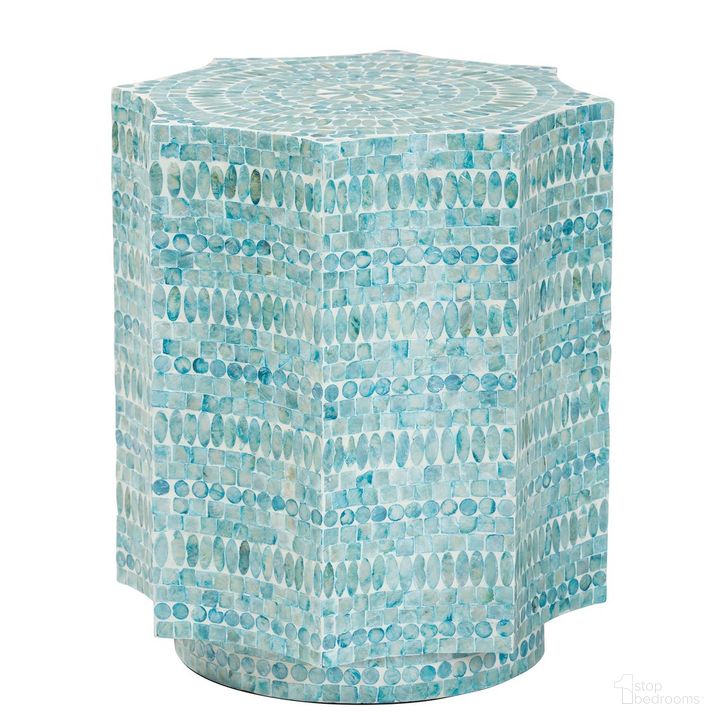 The appearance of Olesia Mother Of Pearl End Table In Blue and White designed by Baxton Studio in the bohemian interior design. This blue/white piece of furniture  was selected by 1StopBedrooms from Olesia Collection to add a touch of cosiness and style into your home. Sku: F232-FT59-Wooden-Accent Table. Product Type: End Table. Material: MDF. Image1