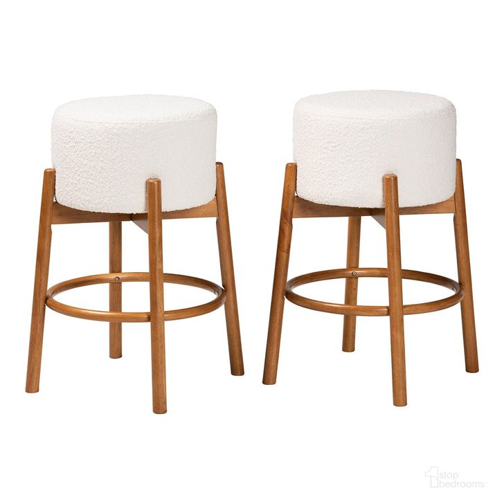 The appearance of Olwen Boucle Fabric and Wood Bar Stool Set of 2 In Cream and Walnut Brown designed by Baxton Studio in the modern / contemporary interior design. This cream/brown piece of furniture  was selected by 1StopBedrooms from Olwen Collection to add a touch of cosiness and style into your home. Sku: BBT5485 B-Walnut/Maya Cream-BS. Product Type: Barstool. Material: Plywood. Image1