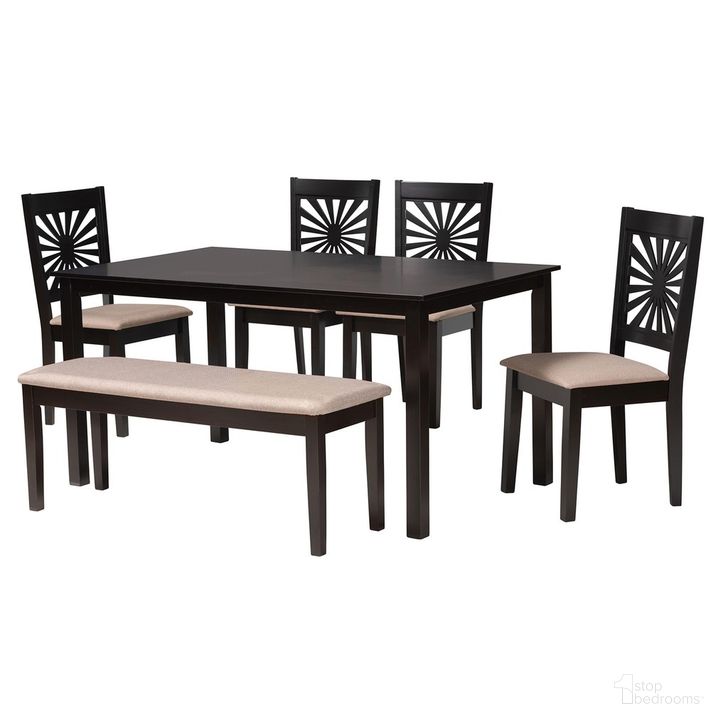 The appearance of Olympia Wood 6 Piece Dining Set In Beige and Espresso Brown designed by Baxton Studio in the modern / contemporary interior design. This beige and brown piece of furniture  was selected by 1StopBedrooms from Olympia Collection to add a touch of cosiness and style into your home. Sku: RH386C-Sand/Dark Brown-6PC Dining Set. Product Type: Dining Room Set. Material: MDF. Image1
