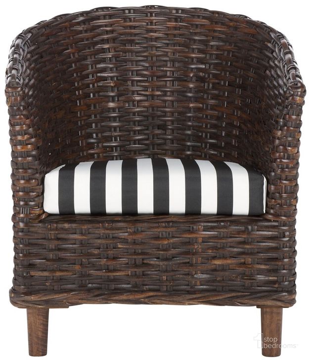 The appearance of Omni Brown, Black and White Rattan Barrel Chair designed by Safavieh in the transitional interior design. This white and brown piece of furniture  was selected by 1StopBedrooms from Omni Collection to add a touch of cosiness and style into your home. Sku: FOX6501D. Product Type: Accent Chair. Material: Rattan. Image1