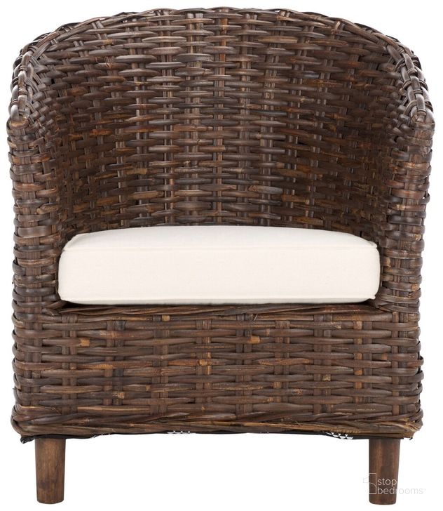 The appearance of Omni Brown Rattan and White Barrel Chair designed by Safavieh in the transitional interior design. This brown piece of furniture  was selected by 1StopBedrooms from Omni Collection to add a touch of cosiness and style into your home. Sku: FOX6501B. Product Type: Accent Chair. Material: Rattan. Image1