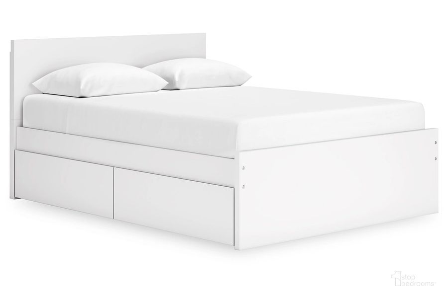 The appearance of Onita Queen Panel Platform Bed with 1 Side Storage In White designed by Signature Design by Ashley in the modern / contemporary interior design. This white piece of furniture  was selected by 1StopBedrooms from Onita Collection to add a touch of cosiness and style into your home. Sku: B100-13;EB9630-257;EB9630-261;EB9630-55;EB9630-95. Bed Type: Platform Bed. Material: Wood. Product Type: Platform Bed. Bed Size: Queen. Image1