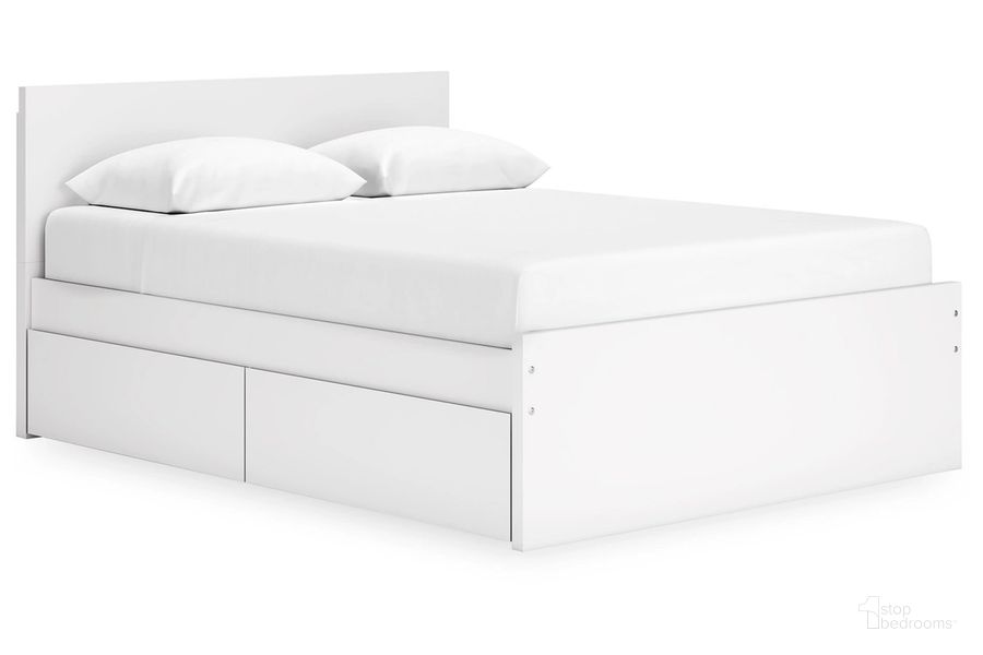 The appearance of Onita Queen Panel Platform Bed with 2 Side Storage In White designed by Signature Design by Ashley in the modern / contemporary interior design. This white piece of furniture  was selected by 1StopBedrooms from Onita Collection to add a touch of cosiness and style into your home. Sku: B100-13;EB9630-257;EB9630-261;EB9630-261;EB9630-55;EB9630-95. Bed Type: Platform Bed. Material: Wood. Product Type: Platform Bed. Bed Size: Queen. Image1