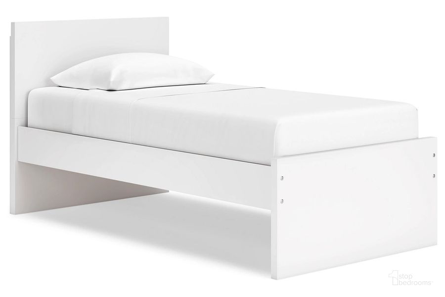 The appearance of Onita Twin Panel Platform Bed In White designed by Signature Design by Ashley in the modern / contemporary interior design. This white piece of furniture  was selected by 1StopBedrooms from Onita Collection to add a touch of cosiness and style into your home. Sku: B100-11;EB9630-253;EB9630-52;EB9630-89. Bed Type: Platform Bed. Material: Wood. Product Type: Platform Bed. Bed Size: Twin. Image1