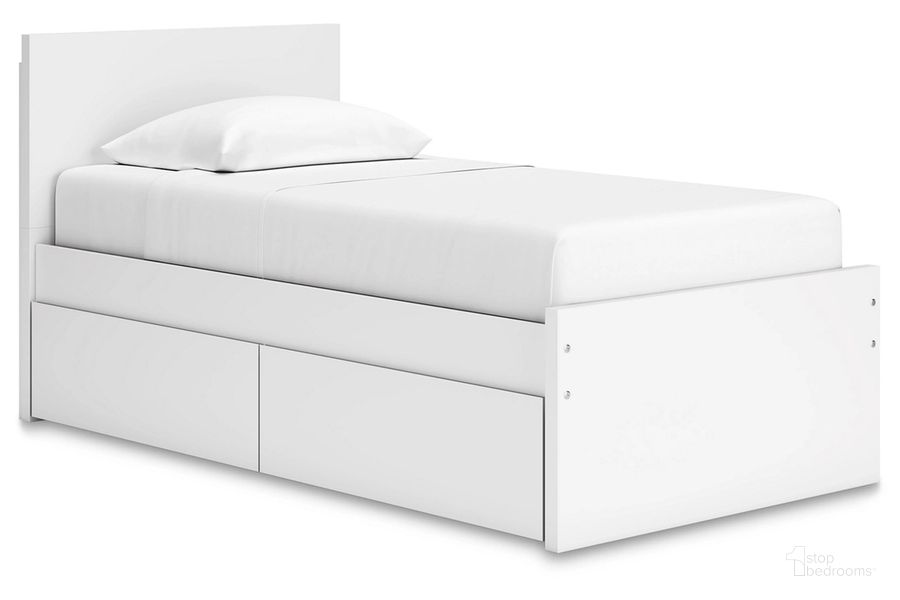 The appearance of Onita Twin Panel Platform Bed with 1 Side Storage In White designed by Signature Design by Ashley in the modern / contemporary interior design. This white piece of furniture  was selected by 1StopBedrooms from Onita Collection to add a touch of cosiness and style into your home. Sku: B100-11;EB9630-253;EB9630-260;EB9630-52;EB9630-89. Bed Type: Platform Bed. Material: Wood. Product Type: Platform Bed. Bed Size: Twin. Image1
