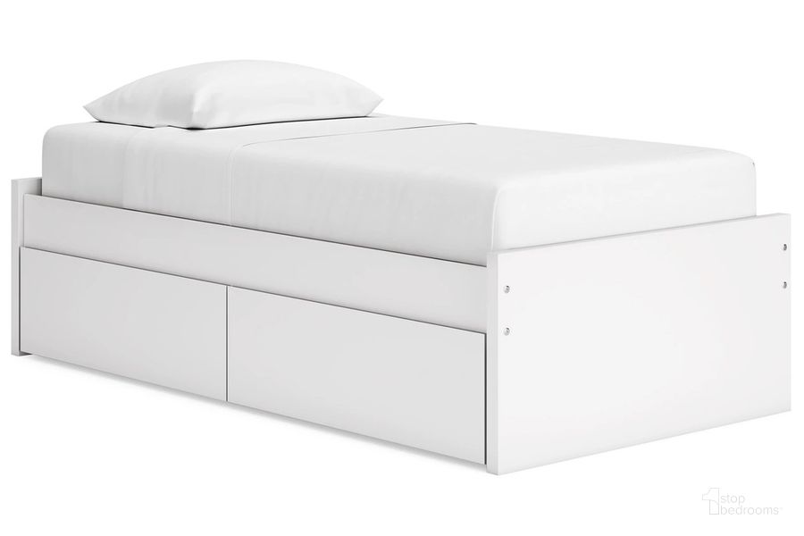 The appearance of Onita Twin Platform Bed with 1 Side Storage In White designed by Signature Design by Ashley in the modern / contemporary interior design. This white piece of furniture  was selected by 1StopBedrooms from Onita Collection to add a touch of cosiness and style into your home. Sku: B100-11;EB9630-260;EB9630-52;EB9630-89. Bed Type: Platform Bed. Material: Wood. Product Type: Platform Bed. Bed Size: Twin. Image1