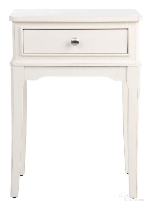 The appearance of Opal 1 Drawer Accent Table in Distressed White designed by Safavieh in the country / farmhouse interior design. This distressed white piece of furniture  was selected by 1StopBedrooms from Opal Collection to add a touch of cosiness and style into your home. Sku: ACC5719A. Material: Wood. Product Type: Accent Table. Image1