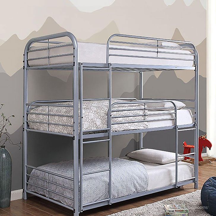 The appearance of Opal Twin Triple Decker Bed In Silver designed by Furniture of America in the modern / contemporary interior design. This silver piece of furniture  was selected by 1StopBedrooms from Opal Collection to add a touch of cosiness and style into your home. Sku: CM-BK937SV. Bed Type: Bunk Bed. Material: Metal. Product Type: Bunk Bed. Bed Size: Twin Over Twin.