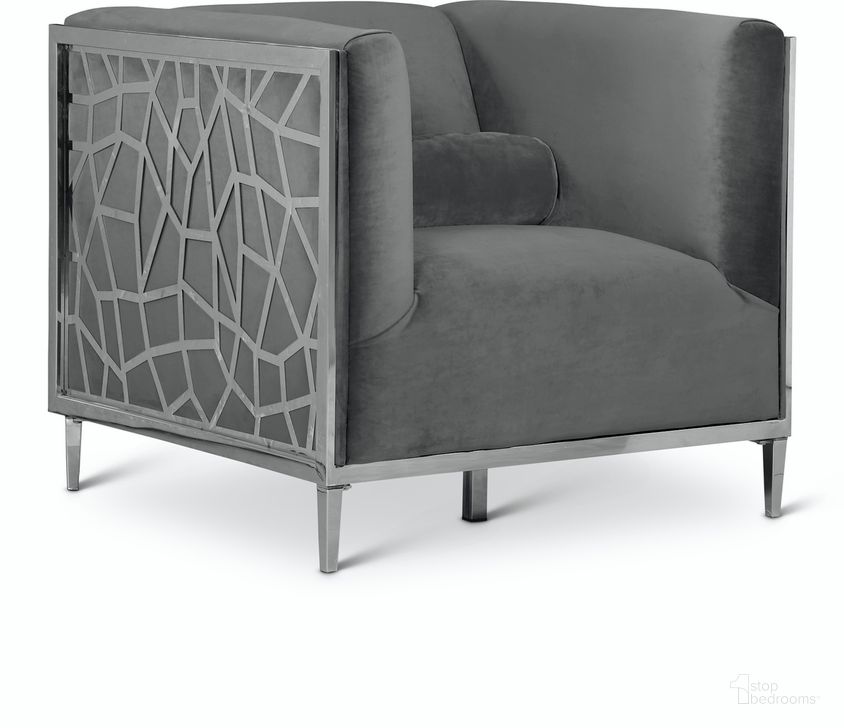 The appearance of Opal Velvet Chair In Grey designed by Meridian in the modern / contemporary interior design. This grey velvet piece of furniture  was selected by 1StopBedrooms from Opal Collection to add a touch of cosiness and style into your home. Sku: 672Grey-C. Material: Wood. Product Type: Living Room Chair. Image1
