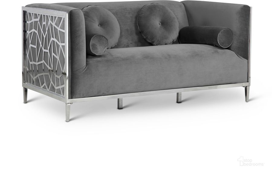 The appearance of Opal Velvet Loveseat In Grey designed by Meridian in the modern / contemporary interior design. This grey velvet piece of furniture  was selected by 1StopBedrooms from Opal Collection to add a touch of cosiness and style into your home. Sku: 672Grey-L. Material: Wood. Product Type: Loveseat. Image1