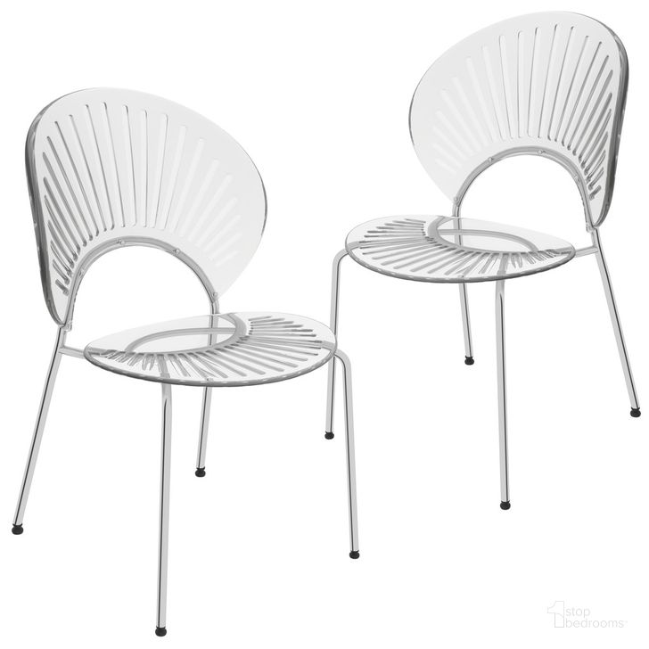 The appearance of Opulent Dining Chair Set of 2 In Clear designed by LeisureMod in the modern / contemporary interior design. This clear piece of furniture  was selected by 1StopBedrooms from Opulent Collection to add a touch of cosiness and style into your home. Sku: OC20CL2. Product Type: Dining Chair. Material: Plastic. Image1
