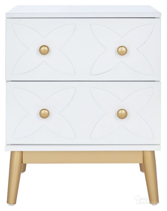 The appearance of Ottoline 2 Drawer Patterned Night Stand in White and Gold designed by Safavieh in the modern / contemporary interior design. This white and gold piece of furniture  was selected by 1StopBedrooms from Ottoline Collection to add a touch of cosiness and style into your home. Sku: NST5008A. Material: Wood. Product Type: Nightstand. Image1