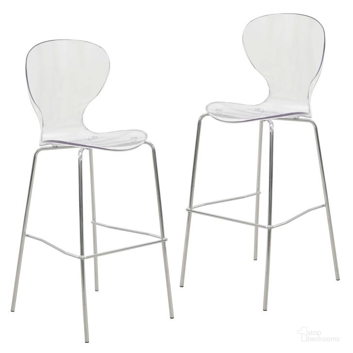 The appearance of Oyster Acrylic Barstool with Steel Frame In Chrome Finish Set of 2 In Clear designed by LeisureMod in the transitional interior design. This clear piece of furniture  was selected by 1StopBedrooms from Oyster Collection to add a touch of cosiness and style into your home. Sku: OC31CL2. Product Type: Barstool. Material: Plastic. Image1