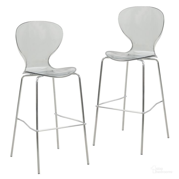 The appearance of Oyster Acrylic Barstool with Steel Frame In Chrome Finish Set of 2 In Smoke designed by LeisureMod in the transitional interior design. This smoke piece of furniture  was selected by 1StopBedrooms from Oyster Collection to add a touch of cosiness and style into your home. Sku: OC31TBL2. Product Type: Barstool. Material: Plastic. Image1