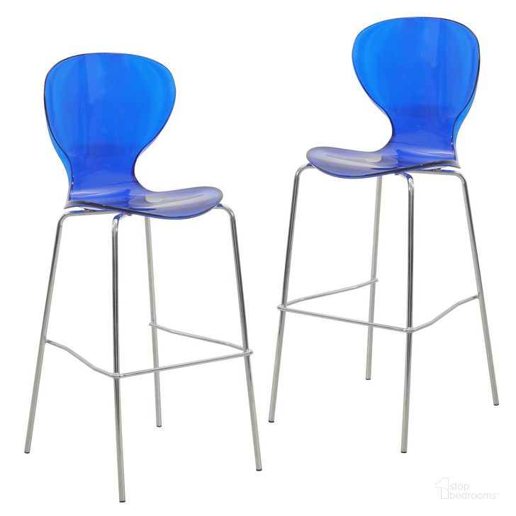 The appearance of Oyster Acrylic Barstool with Steel Frame In Chrome Finish Set of 2 In Transparent Blue designed by LeisureMod in the transitional interior design. This transparent blue piece of furniture  was selected by 1StopBedrooms from Oyster Collection to add a touch of cosiness and style into your home. Sku: OC31TBU2. Product Type: Barstool. Material: Plastic. Image1