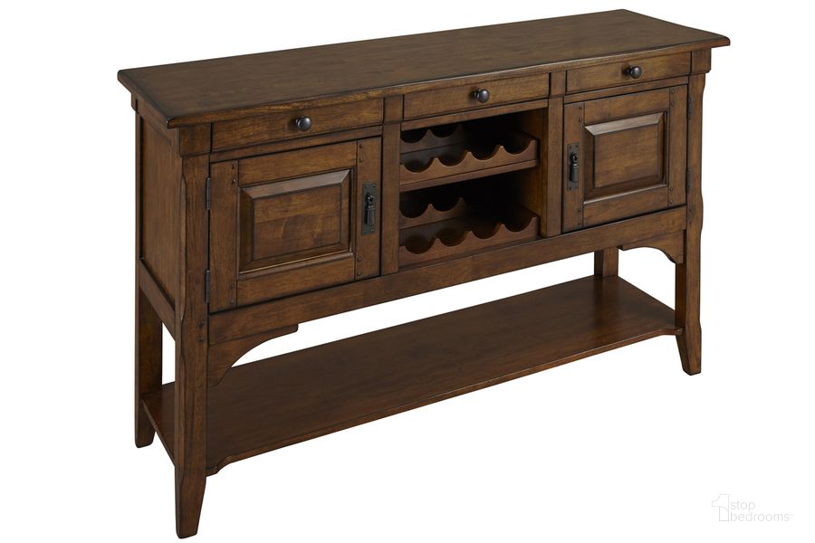 The appearance of Ozark 58 Inch Sideboard With Wine Storage In Warm Pecan designed by A-America in the  interior design. This pecan piece of furniture  was selected by 1StopBedrooms from Ozark Collection to add a touch of cosiness and style into your home. Sku: OZAMA9010. Material: Wood. Product Type: Sideboard. Image1