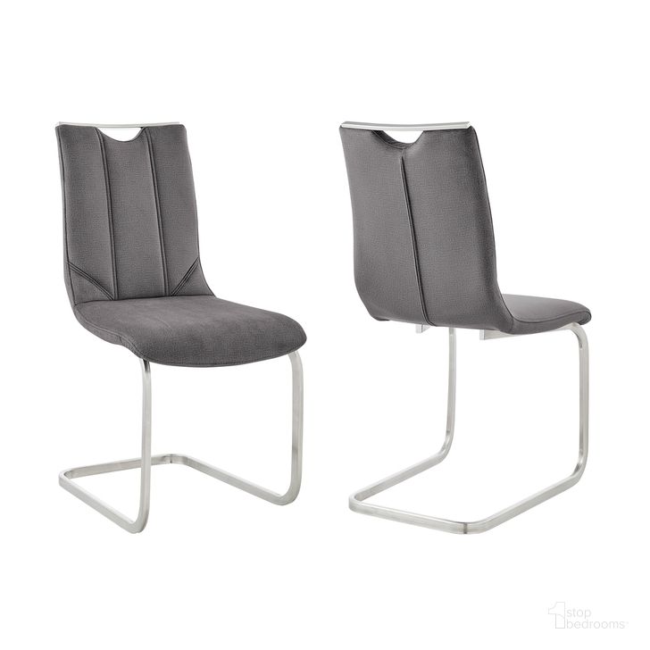 The appearance of Pacific Dining Room Accent Chair Set of 2 In Gray Fabric and Brushed Stainless Steel Finish designed by Armen Living in the transitional interior design. This gray piece of furniture  was selected by 1StopBedrooms from Pacific Collection to add a touch of cosiness and style into your home. Sku: LCPCSIGRFBC. Material: Fabric. Product Type: Dining Chair. Image1