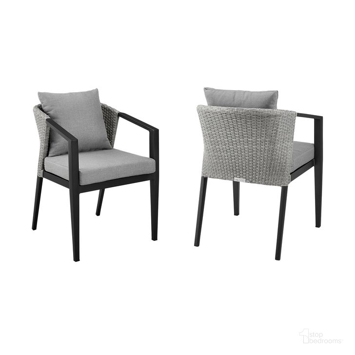 The appearance of Palma Outdoor Patio Dining Chair Set of 2 In Aluminum and Wicker with Gray Cushions designed by Armen Living in the modern / contemporary interior design. This dark gray piece of furniture  was selected by 1StopBedrooms from Palma Collection to add a touch of cosiness and style into your home. Sku: LCPFSIGR. Material: Aluminum. Product Type: Outdoor Dining Chair. Image1