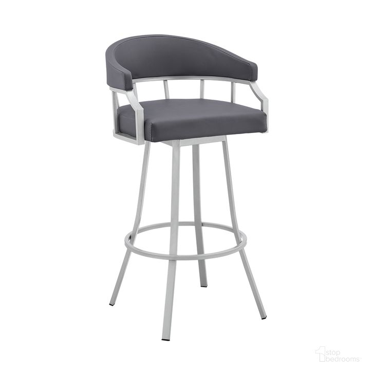 The appearance of Palmdale 26 Inch Swivel Slate Gray Faux Leather and Silver Metal Bar Stool designed by Armen Living in the modern / contemporary interior design. This slate gray piece of furniture  was selected by 1StopBedrooms from Palmdale Collection to add a touch of cosiness and style into your home. Sku: 795044878172. Product Type: Barstool. Material: Stainless Steel. Image1