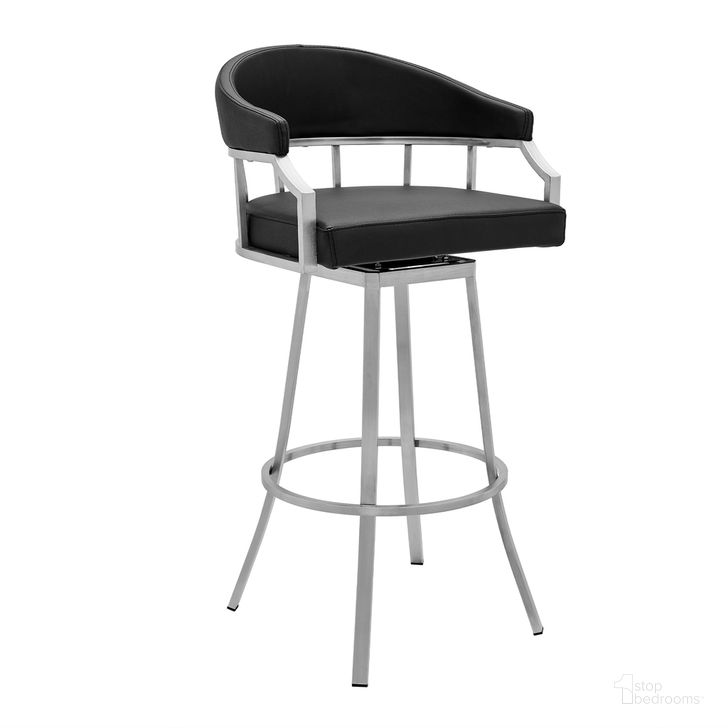The appearance of Palmdale Swivel Modern Black Faux Leather 26 Inch Barstool In Brushed Stainless Steel Finish designed by Armen Living in the modern / contemporary interior design. This black piece of furniture  was selected by 1StopBedrooms from Palmdale Collection to add a touch of cosiness and style into your home. Sku: 721535752201. Product Type: Barstool. Material: Stainless Steel. Image1