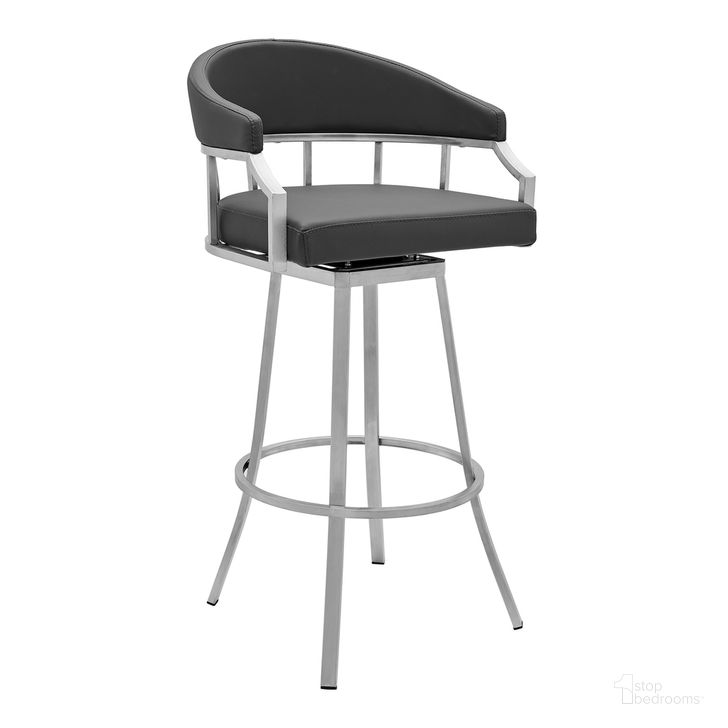 The appearance of Palmdale Swivel Modern Slate Gray Faux Leather 26 Inch Barstool In Brushed Stainless Steel Finish designed by Armen Living in the modern / contemporary interior design. This gray piece of furniture  was selected by 1StopBedrooms from Palmdale Collection to add a touch of cosiness and style into your home. Sku: 721535752188. Product Type: Barstool. Material: Stainless Steel. Image1