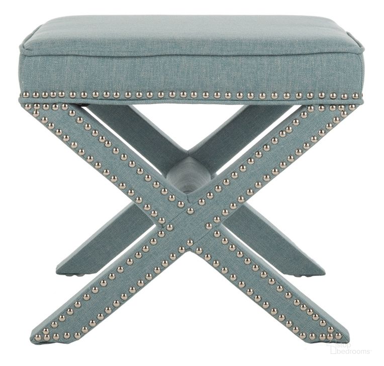 The appearance of Palmer Sky Blue Ottoman with Silver Nailhead Detail designed by Safavieh in the modern / contemporary interior design. This sky blue piece of furniture  was selected by 1StopBedrooms from Palmer Collection to add a touch of cosiness and style into your home. Sku: MCR4589S. Product Type: Ottoman. Material: Stainless Steel. Image1