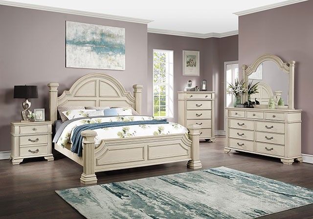 The appearance of Pamphilos Antique White Poster Bedroom Set designed by Furniture of America in the traditional interior design. This white piece of furniture  was selected by 1StopBedrooms from Pamphilos Collection to add a touch of cosiness and style into your home. Sku: FOA7144WH-Q-HBFB;FOA7144WH-Q-R;FOA7144WH-N. Material: Wood. Product Type: Bedroom Set. Bed Size: Queen. Image1