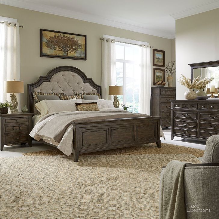 The appearance of Paradise Valley Saddle Brown Upholstered Panel Bedroom Set designed by Liberty in the traditional interior design. This saddle brown piece of furniture  was selected by 1StopBedrooms from Paradise Valley Collection to add a touch of cosiness and style into your home. Sku: 297-BR13HU;297-BR14;297-BR90;297-BR61. Product Type: Bedroom Set. Bed Size: Queen. Material: Rubberwood. Image1
