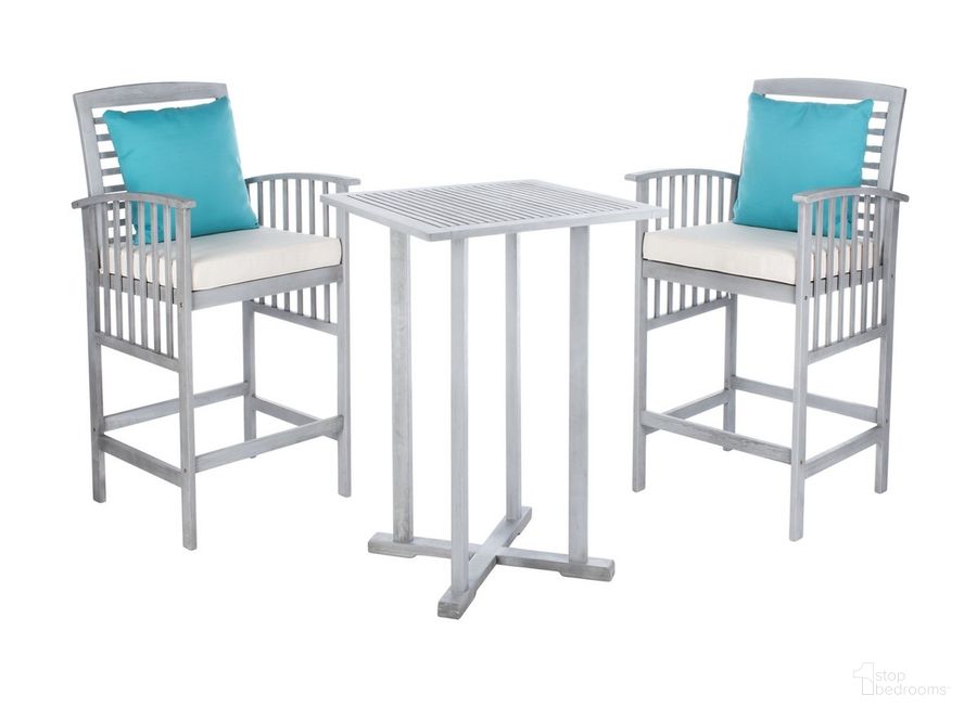 The appearance of Pate 3 Pc Bar 39.8-Inch H Table Bistro Set PAT7043B designed by Safavieh in the modern / contemporary interior design. This gray wash piece of furniture  was selected by 1StopBedrooms from Pate Collection to add a touch of cosiness and style into your home. Sku: PAT7043B. Material: Steel. Product Type: Outdoor Conversation Set. Image1