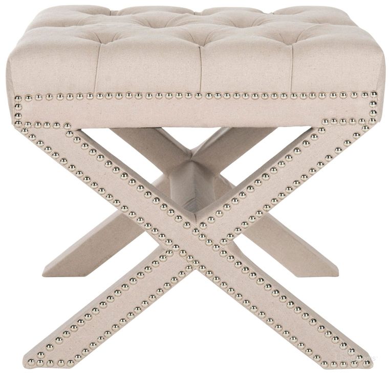 The appearance of Patrice Taupe Ottoman with Silver Nailhead Detail designed by Safavieh in the traditional interior design. This taupe piece of furniture  was selected by 1StopBedrooms from Patrice Collection to add a touch of cosiness and style into your home. Sku: MCR4675A. Product Type: Ottoman. Material: Stainless Steel. Image1