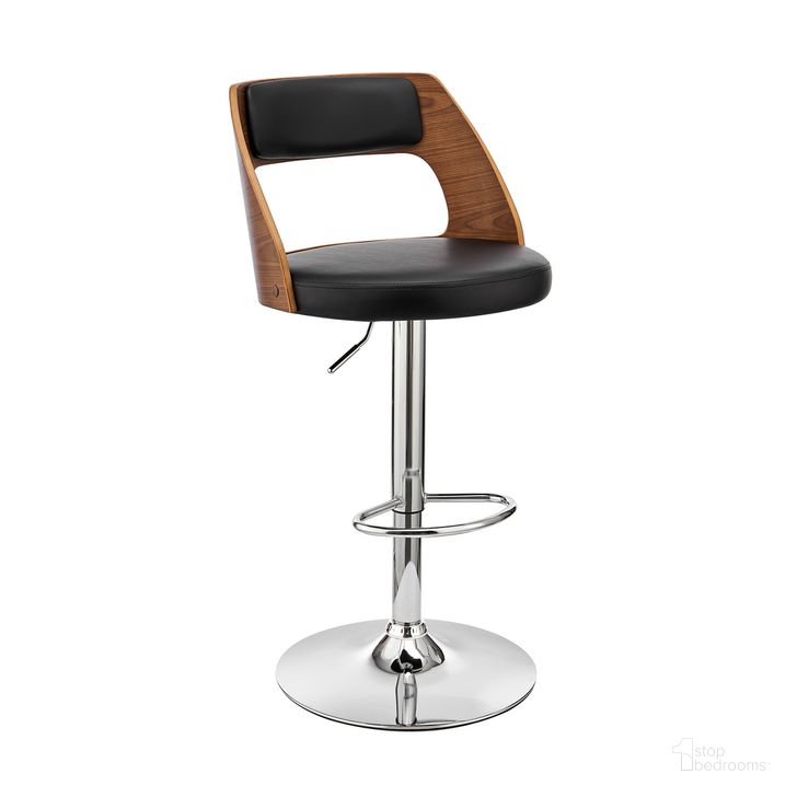 The appearance of Paulo Adjustable Swivel Black Faux Leather and Walnut Wood Bar Stool with Chrome Base designed by Armen Living in the transitional interior design. This black piece of furniture  was selected by 1StopBedrooms from Paulo Collection to add a touch of cosiness and style into your home. Sku: LCPQBAWABL. Product Type: Barstool. Material: Poplar. Image1