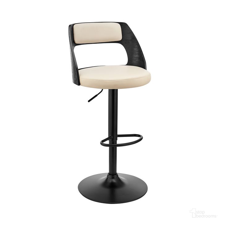 The appearance of Paulo Adjustable Swivel Cream Faux Leather and Black Wood Bar Stool with Black Base designed by Armen Living in the transitional interior design. This cream and black piece of furniture  was selected by 1StopBedrooms from Paulo Collection to add a touch of cosiness and style into your home. Sku: LCPQBABLCR. Product Type: Barstool. Material: Poplar. Image1
