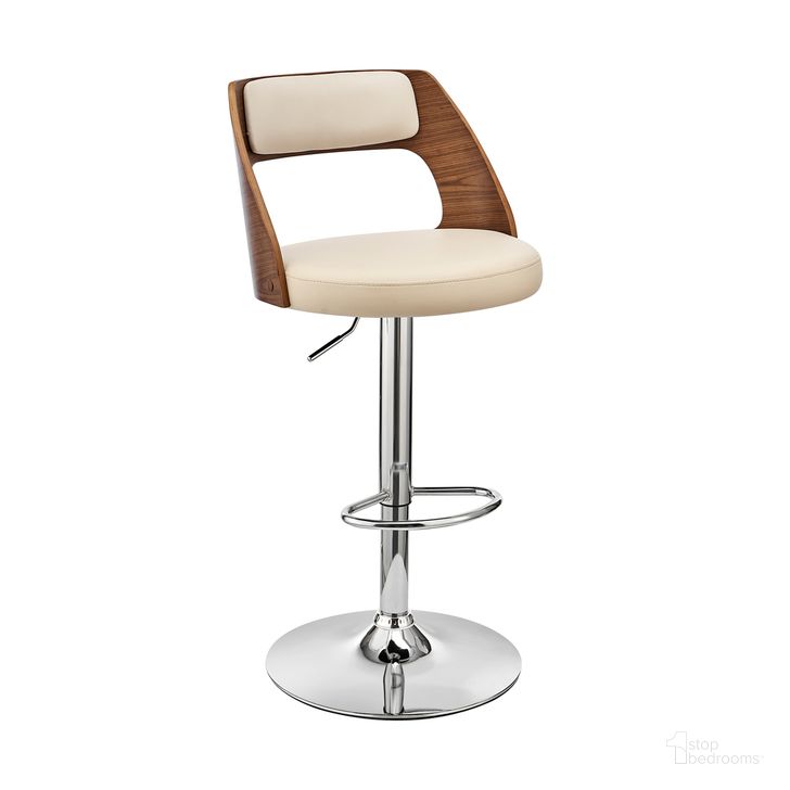 The appearance of Paulo Adjustable Swivel Cream Faux Leather and Walnut Wood Bar Stool with Chrome Base designed by Armen Living in the transitional interior design. This cream piece of furniture  was selected by 1StopBedrooms from Paulo Collection to add a touch of cosiness and style into your home. Sku: LCPQBAWACR. Product Type: Barstool. Material: Poplar. Image1