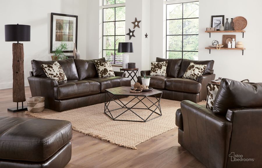 The appearance of Pavia Cocoa Living Room Set designed by Jackson in the transitional interior design. This brown piece of furniture  was selected by 1StopBedrooms from Pavia Collection to add a touch of cosiness and style into your home. Sku: 548203126809306809;548202126809306809. Material: Leather. Product Type: Living Room Set. Image1
