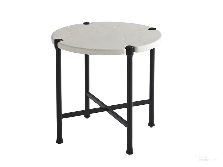 The appearance of Pavlova Round End Table designed by Tommy Bahama in the modern / contemporary interior design. This graphite piece of furniture  was selected by 1StopBedrooms from Pavlova Collection to add a touch of cosiness and style into your home. Sku: 01-3910-954. Material: Aluminum. Product Type: Outdoor Table. Image1