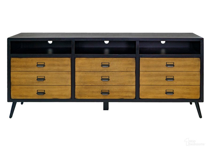 The appearance of Payton Mid-Century 70 Inch TV Console In Black designed by Martin Furniture in the transitional interior design. This black piece of furniture  was selected by 1StopBedrooms from Payton Collection to add a touch of cosiness and style into your home. Sku: IMPY370. Material: Wood. Product Type: TV Console. Image1
