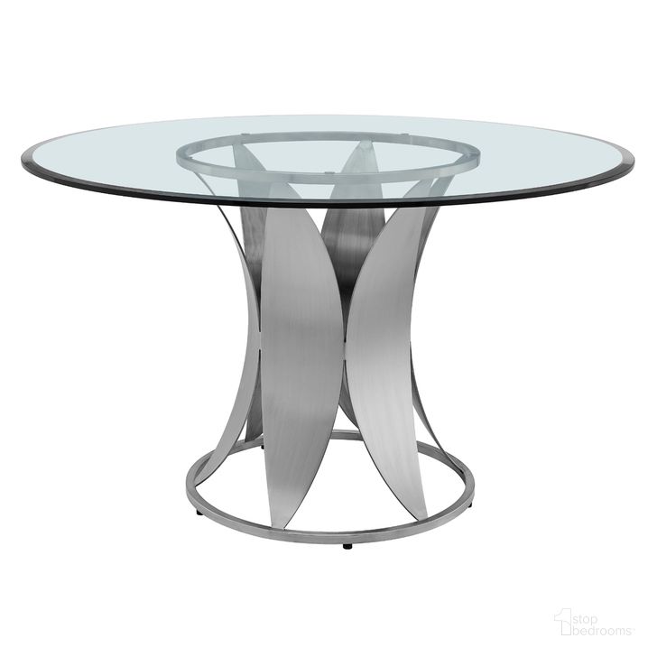 The appearance of Petal Modern Glass and Stainless Steel Round Pedestal Dining Table designed by Armen Living in the modern / contemporary interior design. This stainless steel piece of furniture  was selected by 1StopBedrooms from Petal Collection to add a touch of cosiness and style into your home. Sku: LCPTDIBSBASE;LCPTDIGLTOP. Table Base Style: Pedestal. Table Top Shape: Round. Product Type: Dining Table. Material: Stainless Steel. Size: 48". Image1