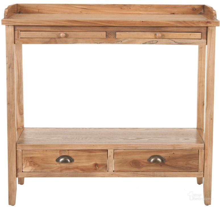 The appearance of Peter Oak Console with 2 Storage Drawers designed by Safavieh in the traditional interior design. This weathered oak piece of furniture  was selected by 1StopBedrooms from Peter Collection to add a touch of cosiness and style into your home. Sku: AMH6571A. Material: Wood. Product Type: Console. Image1