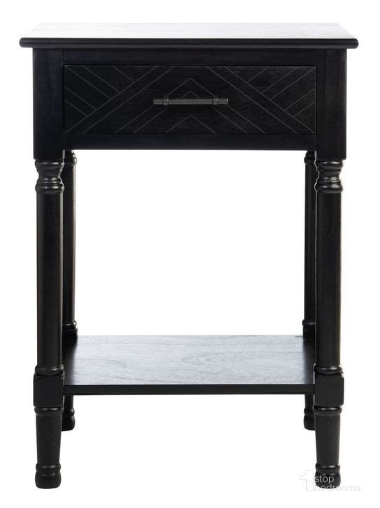 The appearance of Peyton 1 Drawer Accent Table in Black designed by Safavieh in the modern / contemporary interior design. This black piece of furniture  was selected by 1StopBedrooms from Peyton Collection to add a touch of cosiness and style into your home. Sku: ACC5704B. Material: Wood. Product Type: Accent Table. Image1
