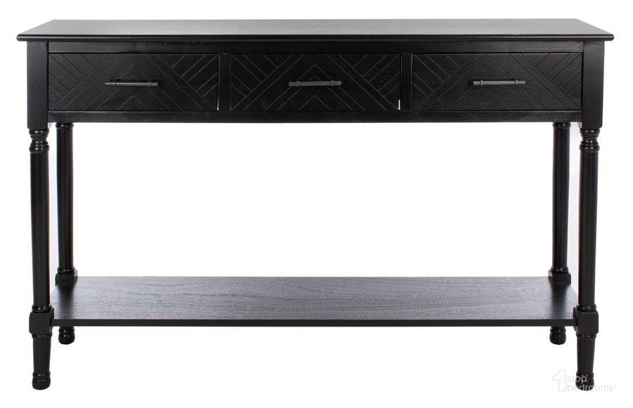 The appearance of Peyton 3 Drawer Console Table in Black designed by Safavieh in the modern / contemporary interior design. This black piece of furniture  was selected by 1StopBedrooms from Peyton Collection to add a touch of cosiness and style into your home. Sku: CNS5705B. Material: Wood. Product Type: Console Table. Image1